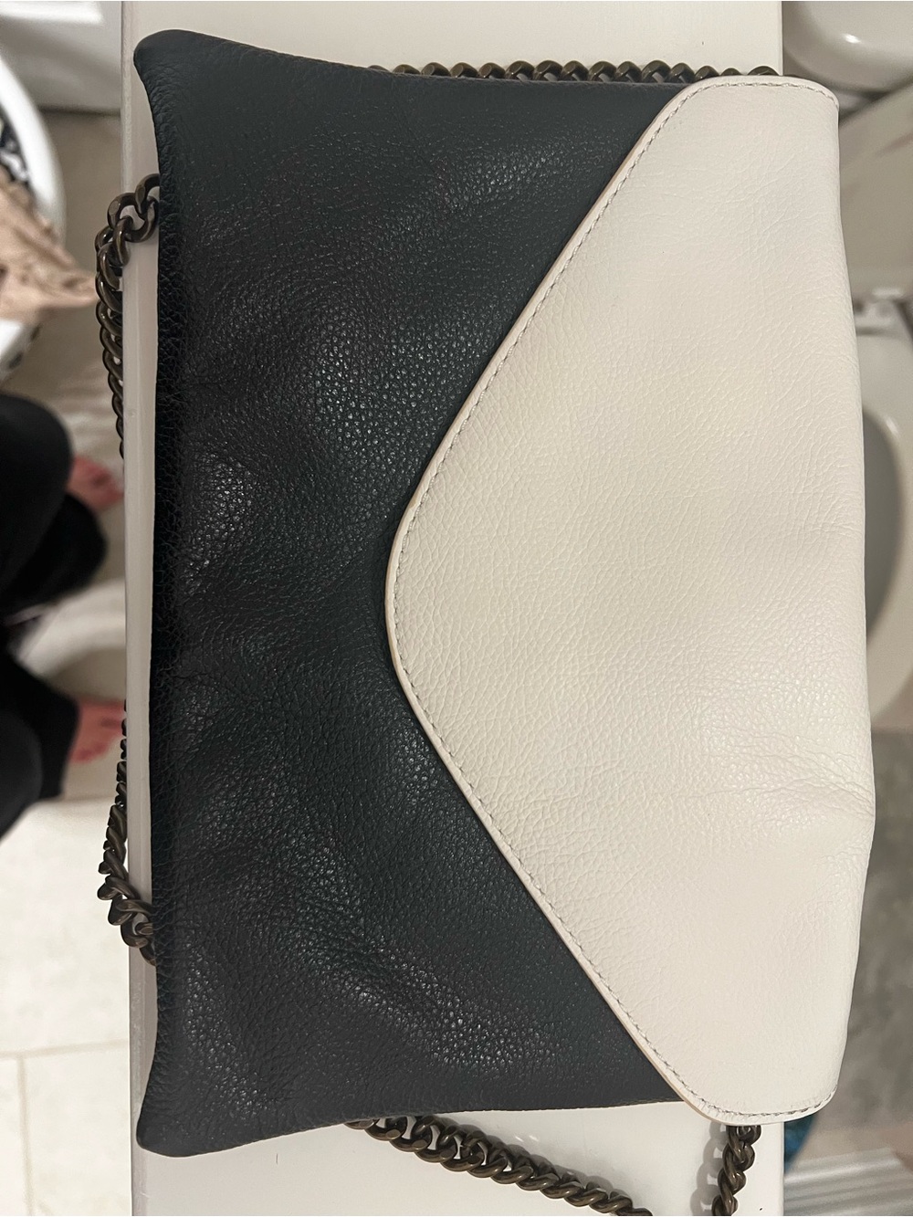 J. Crew Black and White Leather Shoulder Bag with Chain Strap